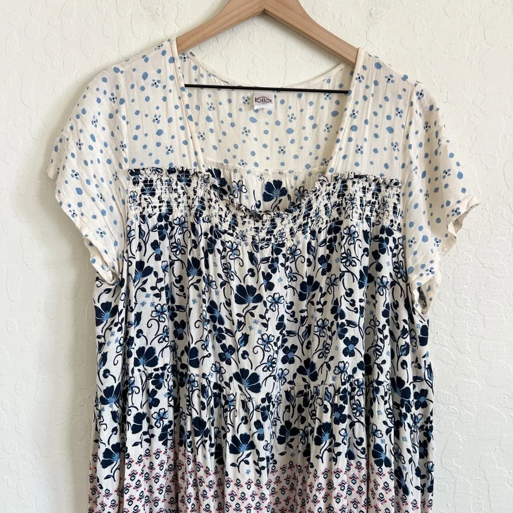 Bila Patchwork Floral Boho Print Short Sleeve Babydoll Mini Dress Large Blue - Picture 2 of 6